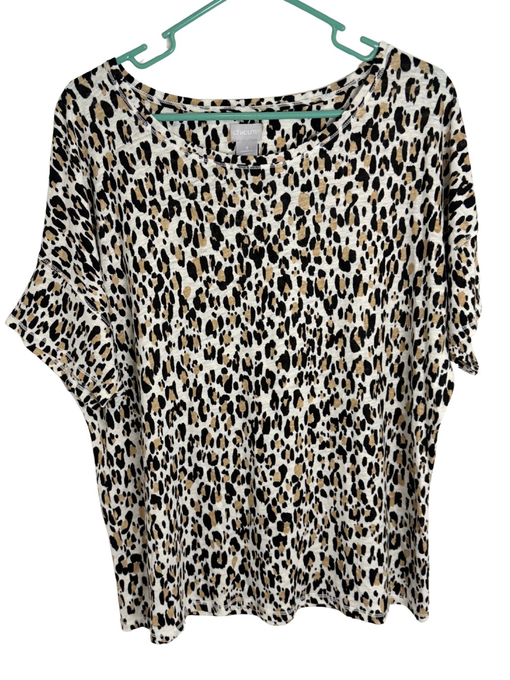 Chico's Leopard Print 100% Linen Short Sleeve Shirt Size XL